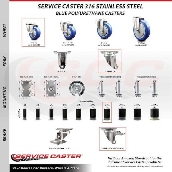 Service Caster 3 Inch 316SS Blue Poly Swivel 1-1/2 Inch Expanding Stem Caster Lock Brake SCC SCC-SS316TTLEX20S314-PPUB-BLUE-112 - main